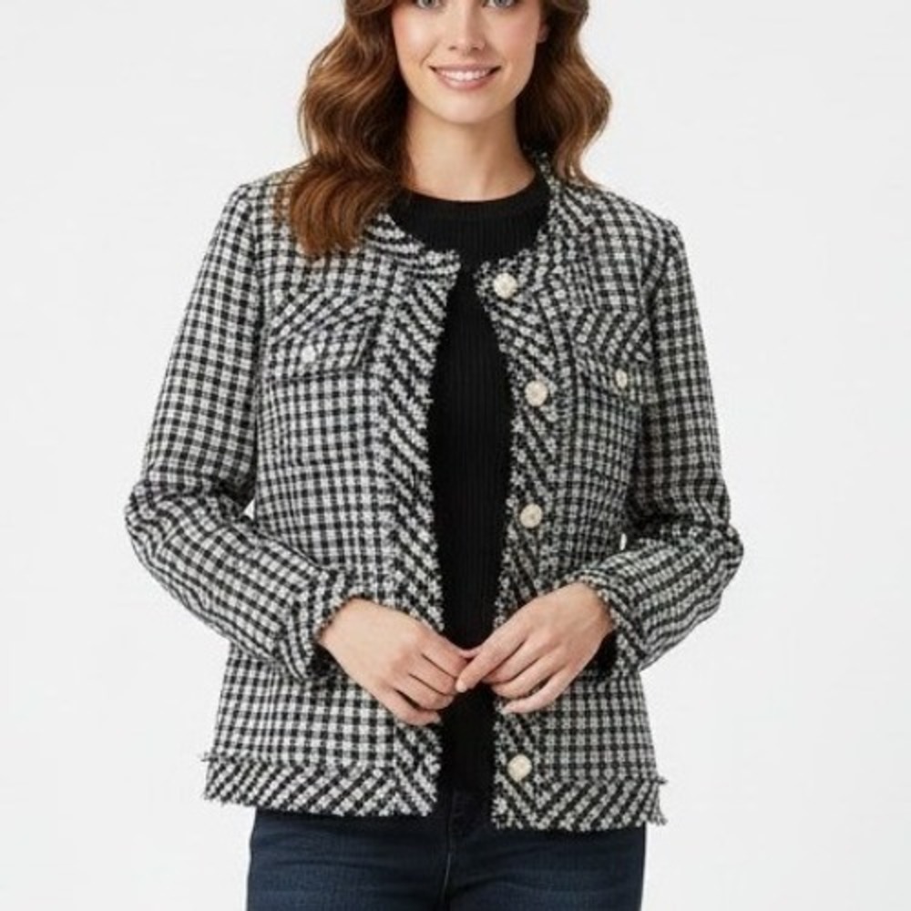 Adrianna Papell Womens XL Black White Check Tweed Fringe Blazer Gold Buttons‎